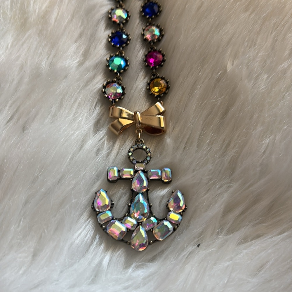 Betsey Johnson Multicolor Crystal Necklace with Gold Bow and Anchor - Picture 2 of 3